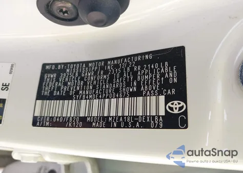 2023 Toyota Corolla Le z USA, uszkodzony, nr VIN 5YFB4MDE4PP004675